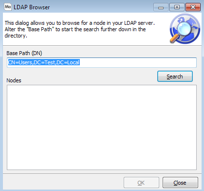 This image shows the LDAP Browser dialog the the Base Path filled in.